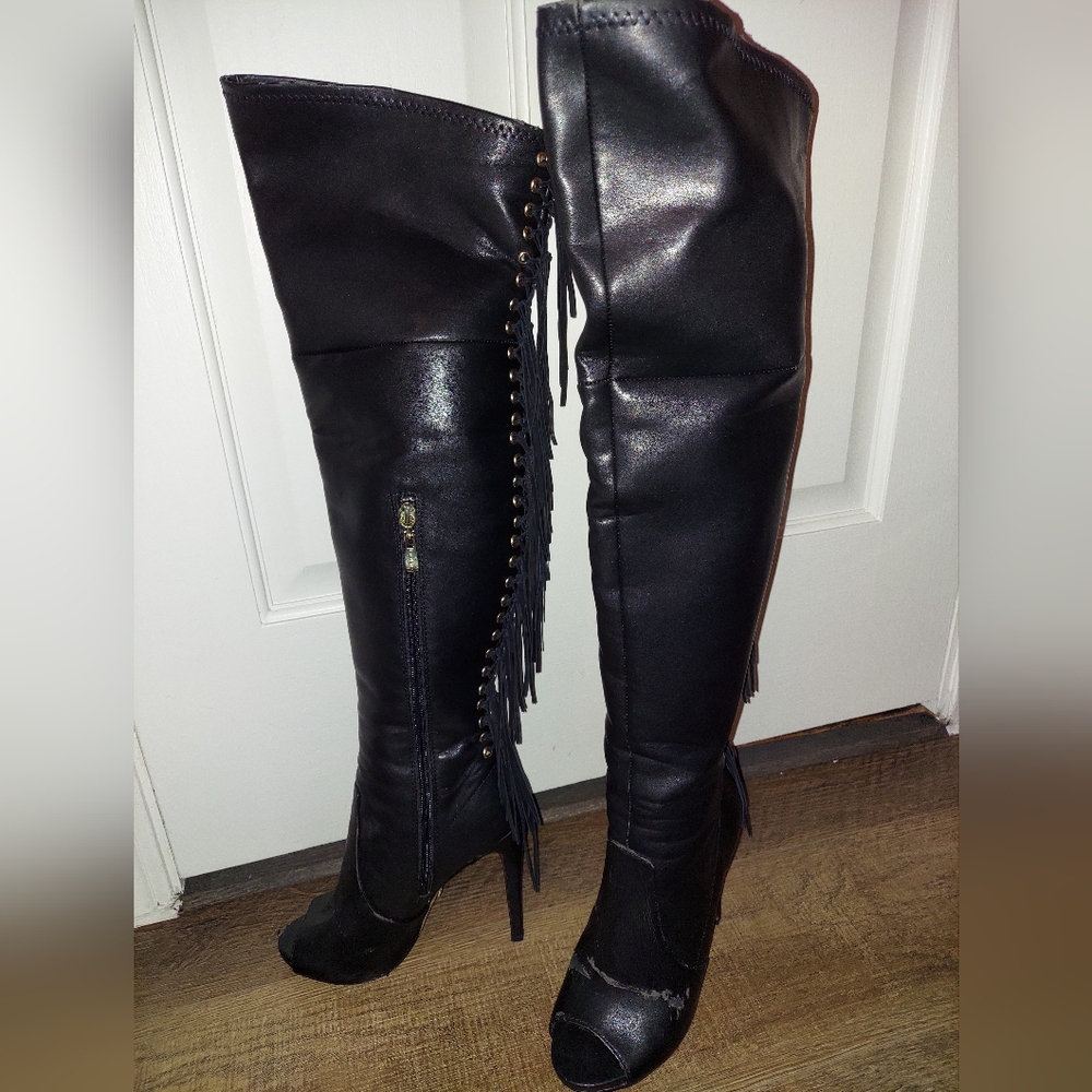 Women's BeBe, over the knee, leather boots, open toed, side zipped, back fringe